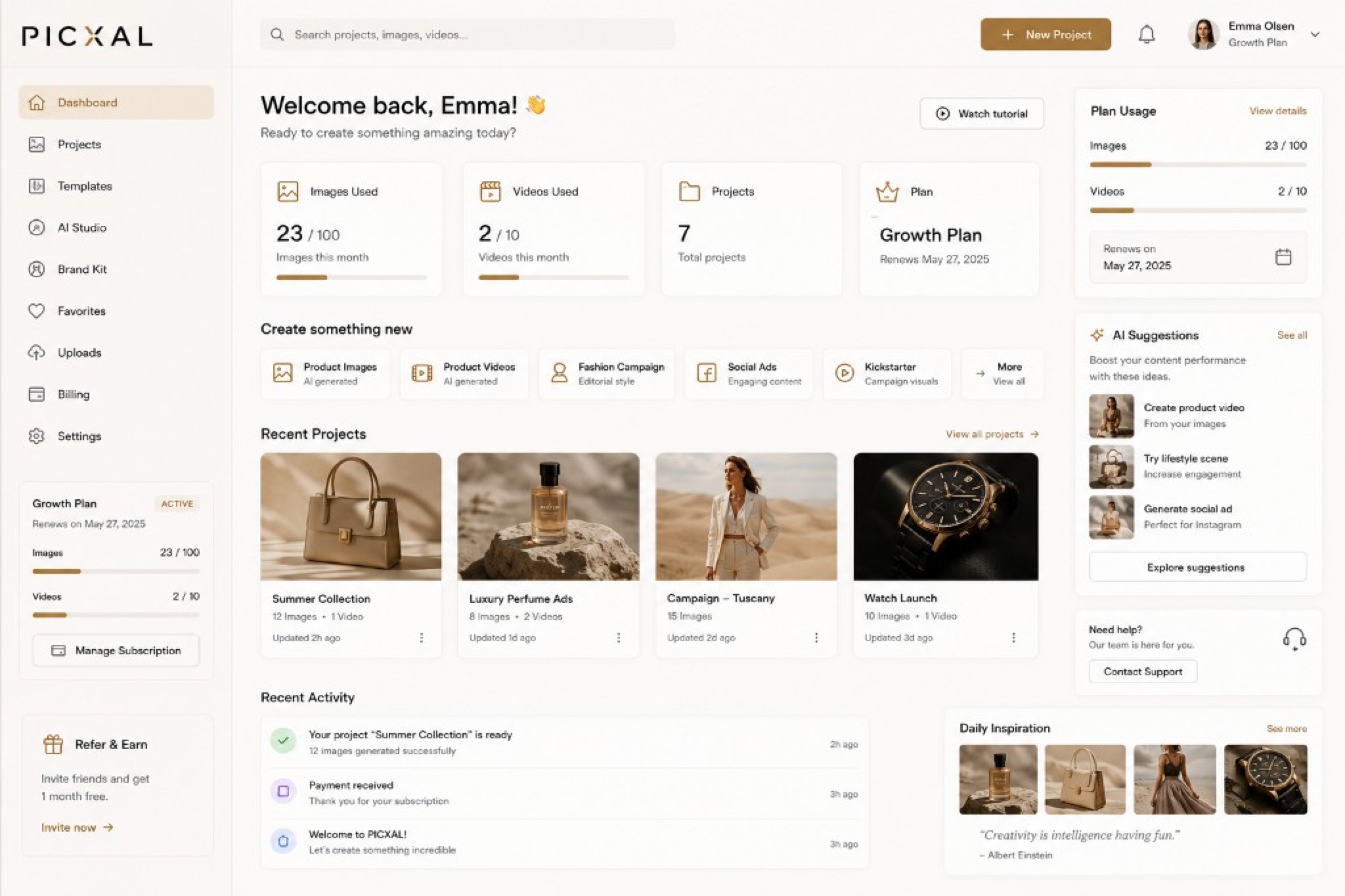 Picxal dashboard showing projects, usage stats, AI suggestions, and recent activity